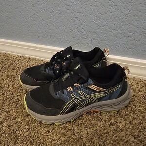 ASICS Black and Blue Athletic Shoes with Yellow Highlights